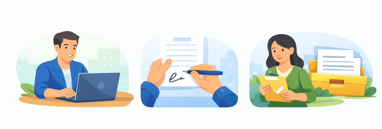 Ілюстрація етапів: створення, підписання та збереження документів